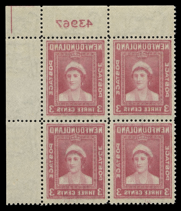 THE AFAB COLLECTION - NEWFOUNDLAND 1897-1947 ISSUES  255iv,Upper right plate "43967" block, well centered and fresh, displaying a strong full reverse offset on gum side including the plate number. Very rare, VF NH (Cat. as four singles)