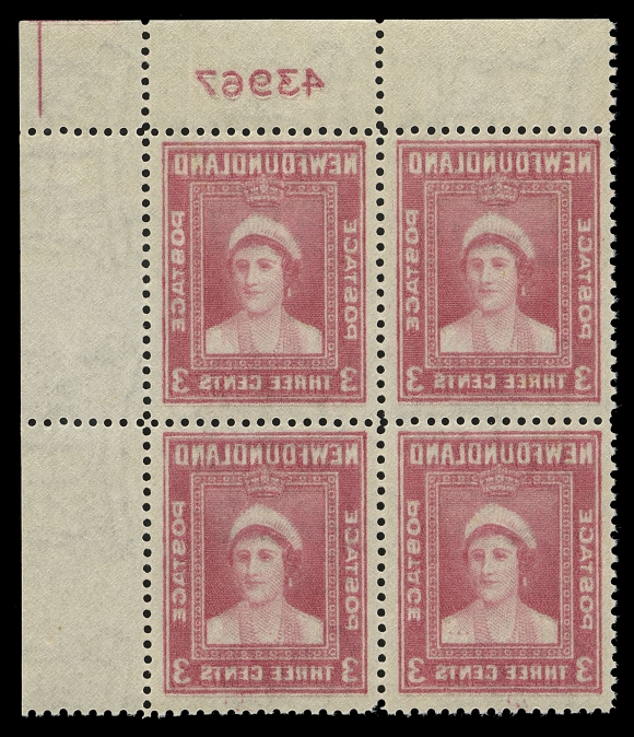 THE AFAB COLLECTION - NEWFOUNDLAND 1897-1947 ISSUES 255iv,Upper right plate "43967" block, well centered and fresh, displaying a strong full reverse offset on gum side including the plate number. Very rare, VF NH (Cat. as four singles)