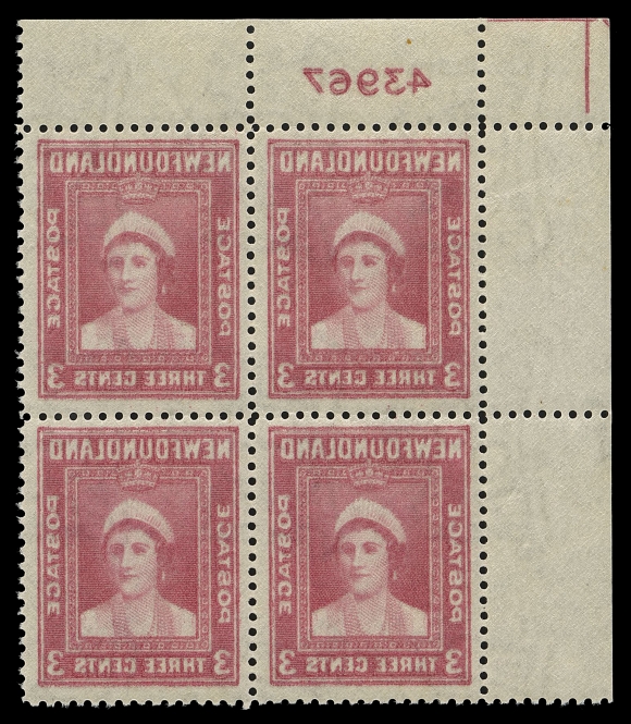 THE AFAB COLLECTION - NEWFOUNDLAND 1897-1947 ISSUES  255iv,Upper left plate "43967" block, well centered and fresh, displaying a strong full reverse offset on gum side including the plate number. A very rare plate block, VF NH (Cat. as four singles)