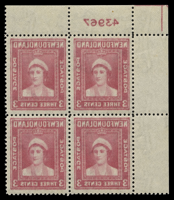 THE AFAB COLLECTION - NEWFOUNDLAND 1897-1947 ISSUES 255iv,Upper left plate "43967" block, well centered and fresh, displaying a strong full reverse offset on gum side including the plate number. A very rare plate block, VF NH (Cat. as four singles)