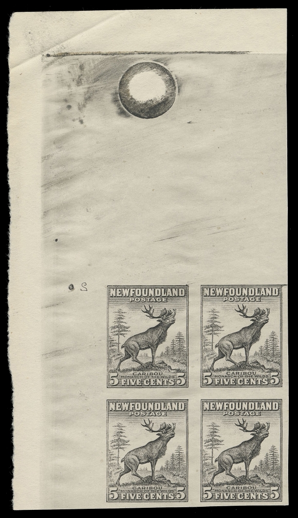 THE AFAB COLLECTION - NEWFOUNDLAND 1897-1947 ISSUES  191,A fabulous upper left trial colour plate proof block in black on unwatermarked white bond paper, showing reversed plate "2" number and intact, rarely seen full sheet margins, insignificant corner crease, a remarkable block, VF