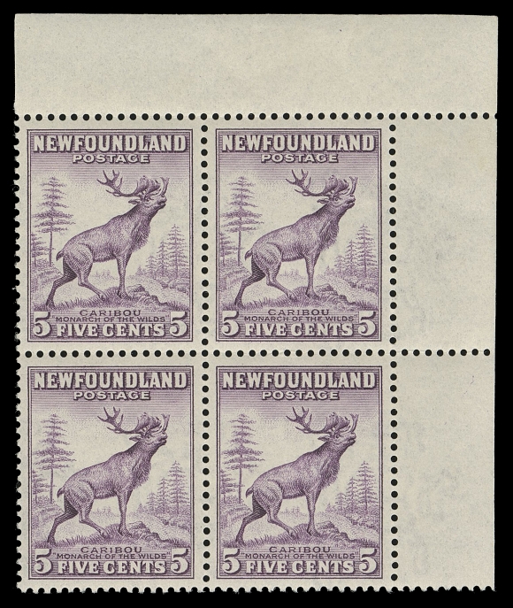 THE AFAB COLLECTION - NEWFOUNDLAND 1897-1947 ISSUES  257ix,A very scarce upper right corner block of this emergency war time printing, without plate number as are all known corner blocks of this elusive, short-lived printing; displaying a Perkins Bacon perforation gauge in combination with the distinctive paper and die of the Waterlow Printing. Very lightly hinged in selvedge only, stamps are precisely centered with fresh colour and NH. A key printing of the KGVI era, VF; 1990 BPA cert. (SG 280 £720) ex. Graham Cooper (December 2016; Lot 781)