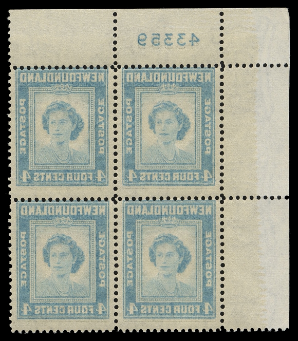 THE AFAB COLLECTION - NEWFOUNDLAND 1897-1947 ISSUES  269iv,Upper left plate "43359" block displaying a remarkably full reverse offset on gum side including the plate number. Perhaps the only known UL plate block, VF NH (Cat. as Fine NH singles)