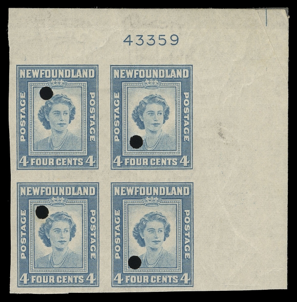 THE AFAB COLLECTION - NEWFOUNDLAND 1897-1947 ISSUES  269v,Mint imperforate upper right plate "43359" block, customary Waterlow archival security punch, natural gum wrinkling as is the norm on these; an elusive plate block, VF NH