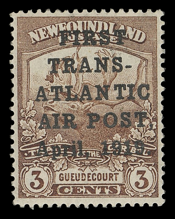 THE AFAB COLLECTION - NEWFOUNDLAND 1897-1947 ISSUES C1,A choice mint single of this famous pioneer airmail rarity, extremely well centered for this notoriously difficult stamp, intact perforations all around and unusually fresh colour, barest trace of hinging, customary "J.A.R." initials on reverse (Dr. J. Alex. Robinson, Postmaster General). A beautiful mint example of this first Trans-Atlantic airmail, XF VLH
Expertization: signed on reverse by various experts - pencil signatures of Alberto Diena and Henry Revell Harmer and guarantee handstamps of Serebrakian & Sanabria.
2022 Greene Foundation certificate
Provenance: William H. Gross, Spink, November 2009; Lot 320
Gibralter, Shreves, February 1996; Lot 384
ONLY 200 STAMPS WERE OVERPRINTED OF WHICH 95 COPIES WERE USED FOR FRANKING OF MAIL ON THE ILL-FATED FLIGHT. A TOTAL OF 87 MINT EXAMPLES WERE REPORTED SHORTLY AFTER ISSUANCE; IT IS LIKELY THAT FAR FEWER REMAIN MORE THAN 100 YEARS AFTER ITS ISSUE.
