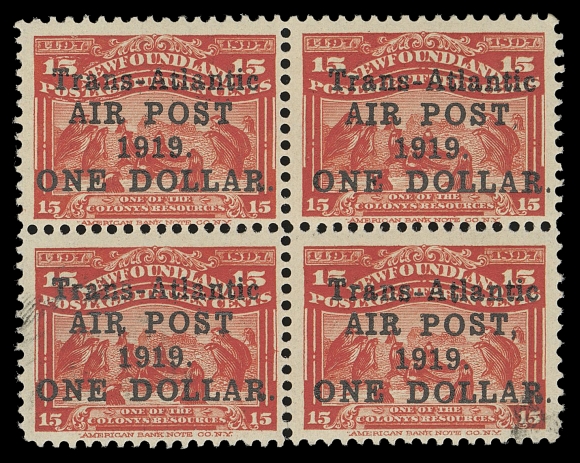 THE AFAB COLLECTION - NEWFOUNDLAND 1897-1947 ISSUES  C2, C2a, C2ii,A nicely centered mint block (Lower right position in the setting of 25), three surcharge types including small comma after "POST"; comma after "POST" and stop after "1919"; and two positions without comma after "POST". Post office fresh, VF NH