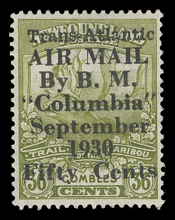 THE AFAB COLLECTION - NEWFOUNDLAND 1897-1947 ISSUES  C5,An extraordinary mint example, superior to all we have handled  over the years,  exceptionally well centered with brilliant fresh colour and strong impression of the special flight surcharge  (Position 4 in the setting of four), possessing full original gum NEVER HINGED. A superb stamp in all respects - having all of the attributes which collectors of high quality seek, XF NH GEMExpertization: 1982 and 2022 Greene Foundation certificatesAN OUTSTANDING MINT NEVER HINGED EXAMPLE OF THIS IMPORTANT  NEWFOUNDLAND AIRMAIL. OF THE 300 STAMPS SURCHARGED FOR THE  FLIGHT, A THIRD WERE USED ON COVERS. A VERY LARGE PERCENTAGE OF  THE AVAILABLE MINT EXAMPLES ARE OFF-CENTER AND HINGED.