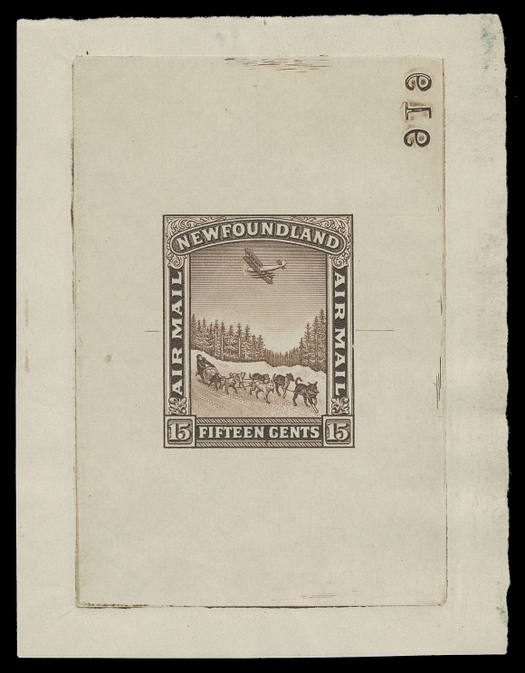 THE AFAB COLLECTION - NEWFOUNDLAND 1897-1947 ISSUES  C6-C8,Large Die Proofs - the set of three in issued colours on white wove unwatermarked paper, full die sinkage;  the final dies with reverse die numbers, light crease to $1 away from design, showing interesting engraver