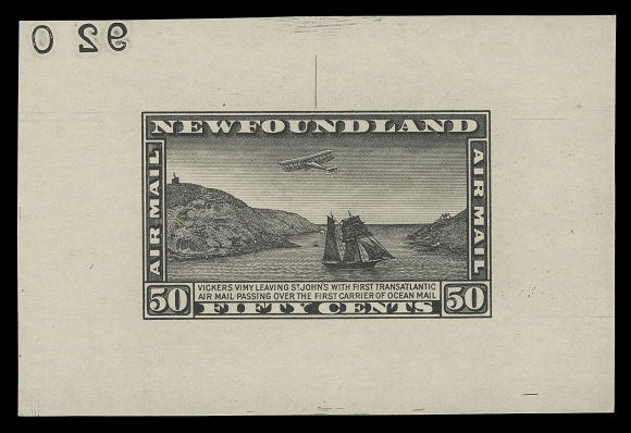 THE AFAB COLLECTION - NEWFOUNDLAND 1897-1947 ISSUES  C6-C8,Trial Colour Large Die Proofs, the set of three printed in black on thinner white wove unwatermarked paper; the final dies with reverse die numbers (albino on the 15 cent). A beautiful and attractive set, VF and very scarce