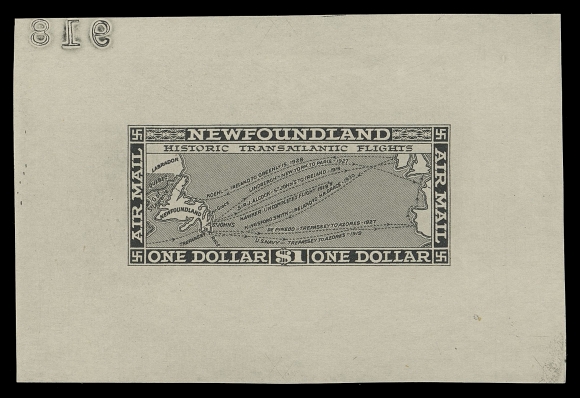 THE AFAB COLLECTION - NEWFOUNDLAND 1897-1947 ISSUES  C6-C8,Trial Colour Large Die Proofs, the set of three printed in black on thinner white wove unwatermarked paper; the final dies with reverse die numbers (albino on the 15 cent). A beautiful and attractive set, VF and very scarce