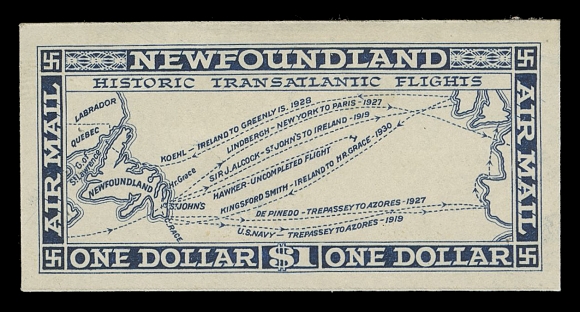 THE AFAB COLLECTION - NEWFOUNDLAND 1897-1947 ISSUES  C8,Progressive Die Proof printed in dark blue on thick bond paper, stamp size with large even margins, negligible thin. The corrected "TRANSATLANTIC" (no hyphen) with Map outlines and wording added. No shading is present in the vignette, making it very distinctive compared to the issued stamp. A wonderful and very rarely offered progressive proof, VF