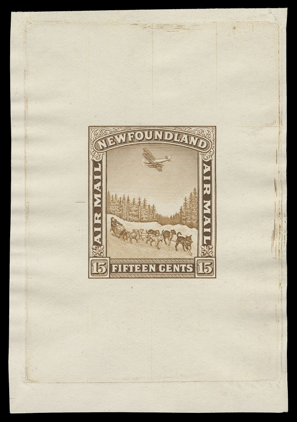 THE AFAB COLLECTION - NEWFOUNDLAND 1897-1947 ISSUES  C6,Trial Colour Large Die Proof in yellow brown on white wove unwatermarked paper 62 x 90mm, full die sinkage; the approved state with guideline but no die number. A lovely proof quite distinctive compared to the issued colour, VF