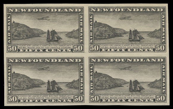 THE AFAB COLLECTION - NEWFOUNDLAND 1897-1947 ISSUES  C6-C8,Trial colour plate proof blocks in black on thick bond unwatermarked paper. Most unusual in blocks, most from the sole set of sheets printed have been split into pairs or more often singles, VF