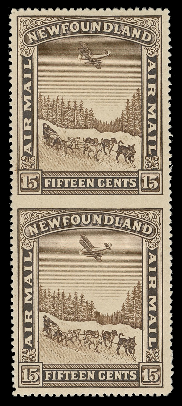 THE AFAB COLLECTION - NEWFOUNDLAND 1897-1947 ISSUES C6b,An unusually fresh, well centered mint vertical pair imperforate between, full original gum, faint trace of hinging; pencil signed by Sergio Sismondo along with his 2003 certificate. Seldom seen this nice, VF VLH