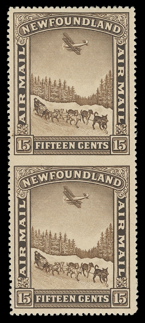 THE AFAB COLLECTION - NEWFOUNDLAND 1897-1947 ISSUES  C6b,An unusually fresh, well centered mint vertical pair imperforate between, full original gum, faint trace of hinging; pencil signed by Sergio Sismondo along with his 2003 certificate. Seldom seen this nice, VF VLH