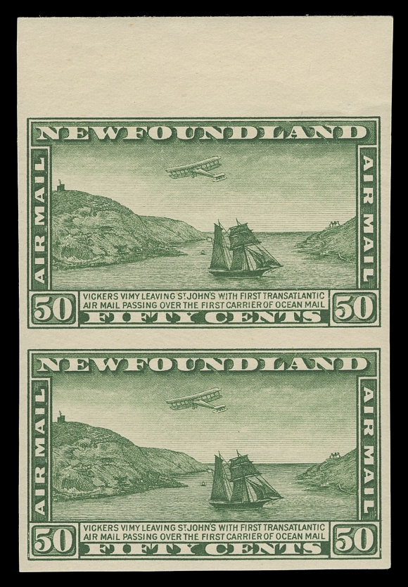 THE AFAB COLLECTION - NEWFOUNDLAND 1897-1947 ISSUES  C6c-C8c,A beautiful set of three mint imperforate pairs, the $1 corner marginal, characteristic thick original gum, somewhat naturally uneven on the 15c and minor gum wrinkle on 50c and LH top margin only; all with large margins, fresh colours and NEVER HINGED. A rarely offered set; patiently assembled one pair at a time over a period of many years, VF NH; the $1 with 1982 RPS of London cert.