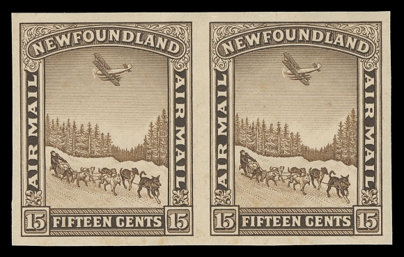 THE AFAB COLLECTION - NEWFOUNDLAND 1897-1947 ISSUES  C6c-C8c,A beautiful set of three mint imperforate pairs, the $1 corner marginal, characteristic thick original gum, somewhat naturally uneven on the 15c and minor gum wrinkle on 50c and LH top margin only; all with large margins, fresh colours and NEVER HINGED. A rarely offered set; patiently assembled one pair at a time over a period of many years, VF NH; the $1 with 1982 RPS of London cert.
