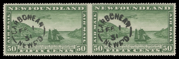 THE AFAB COLLECTION - NEWFOUNDLAND 1897-1947 ISSUES  C7a,A visually striking used horizontal pair imperforate between, each stamp struck by clear Carbonear FE 1 31 split ring datestamp; only a few used pairs exist, VF; ex. The "Labrador" Collection of Newfoundland Airmails (February 2003; Lot 3107)