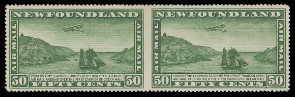 THE AFAB COLLECTION - NEWFOUNDLAND 1897-1947 ISSUES  C7a,A well centered mint horizontal pair imperforate between, rich colour, tiny gum thin at lower left not readily visible; backstamped by airmail experts Sanabria & Kessler, VF H
