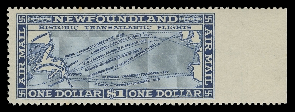 THE AFAB COLLECTION - NEWFOUNDLAND 1897-1947 ISSUES  C8a, variety,A mint single imperforate vertically between stamp and right margin, two negligible perf tones, otherwise a bright, fresh example of this rarely seen perforation variety, currently unlisted in Unitrade, VF LH (Walsh AM9d)