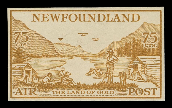 THE AFAB COLLECTION - NEWFOUNDLAND 1897-1947 ISSUES  C17,A spectacular lot of five different Die Proofs stamp size on wove paper, the first four progressive. Includes: 1) central vignette only, without imprints and values; 2) central vignette with imprints at foot and value tablets; 3) as previous with "NEWFOUNDLAND" added; 4) as previous with shading added; and 5) the finished die with guideline visible at top and corrected shading at lower left, above "POST" and dog. A wonderful group perfect for exhibition, VF