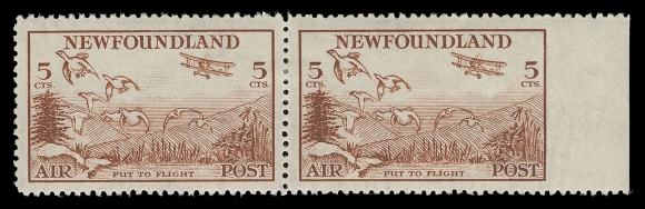 THE AFAB COLLECTION - NEWFOUNDLAND 1897-1947 ISSUES  C13ii,A fresh, well centered mint horizontal pair imperforate vertically between right stamp and sheet margin, very scarce with only ten examples believed to exist, VF+ OG; ex. The "Labrador" Collection of Newfoundland Airmails (February 2003; Lot 3193)