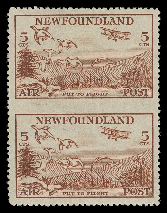 THE AFAB COLLECTION - NEWFOUNDLAND 1897-1947 ISSUES  C13c,A well centered mint vertical pair imperforate between; small translucent spot, full original gum, lightly hinged, pencil signed A. Diena, Kessler backstamp, VF LH; ex. The "Labrador" Collection of Newfoundland Airmails (February 2003; Lot 3192)