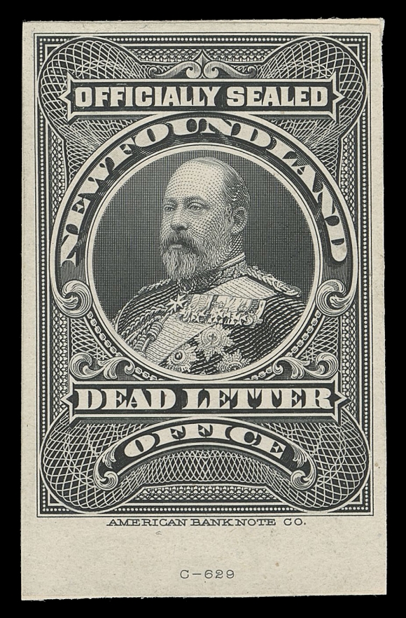 THE AFAB COLLECTION - NEWFOUNDLAND 1897-1947 ISSUES OX1,Small Trial Colour Engraved Small Die Proof in greyish black on india paper on non-contemporary card, die number "C-629" at foot. Die proofs of this stamp are very rare, VF