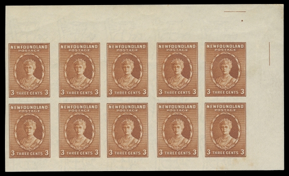 THE AFAB COLLECTION - NEWFOUNDLAND 1897-1947 ISSUES  187d variety,Mint imperforate block of ten from top right corner of the uncut  booklet sheet, positional guide dot and lines at upper right,  minor tone spots at bottom right, natural gum bend, otherwise VF  NH, a very rare imperforate booklet blockPrinted in sheets of 60 (10 x 6), booklet sheets were then  perforated and trimmed into fifteen booklet panes of four. The  offered block shows the wide spacing (4.5mm) horizontally between each pane, compared to 3.5mm within the pane.