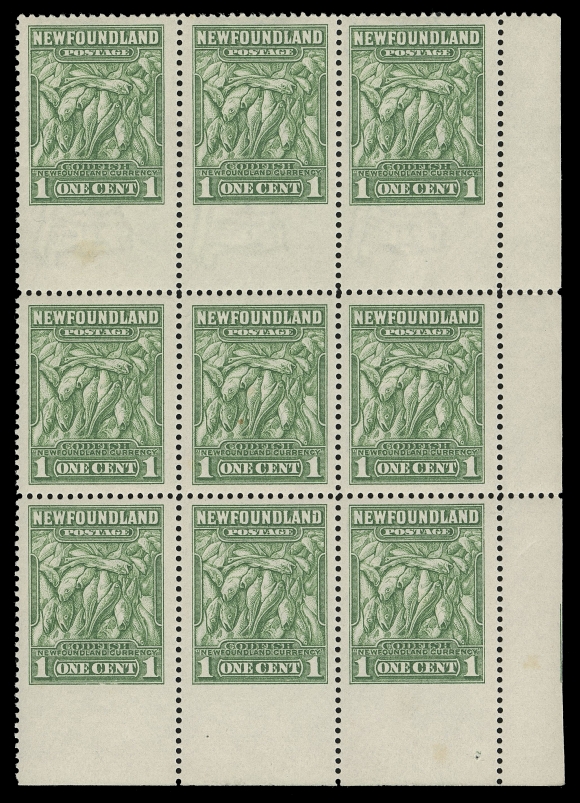 THE AFAB COLLECTION - NEWFOUNDLAND 1897-1947 ISSUES  183iv,Lower right corner block of nine from the uncut booklet sheet, shows top and bottom rows and imperforate bottom margin variety. A very rare booklet multiple, VF NH (Cat. as singles)