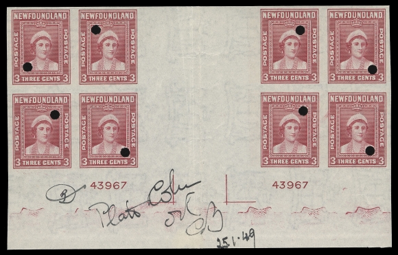 THE AFAB COLLECTION - NEWFOUNDLAND 1897-1947 ISSUES  254, 255, 257, 269,A matching lot of four imperforate inter-panneau blocks of eight; each with wide gutter (45mm) margin between blocks, two plate  numbers in lower margin with archival annotations and customary  Waterlow security punch. Usual creasing and wrinkling, 2c has a  marginal nick, 5c with marginal thin. Minor imperfections aside,  these four blocks are of exhibit caliber and exceedingly rare, VF