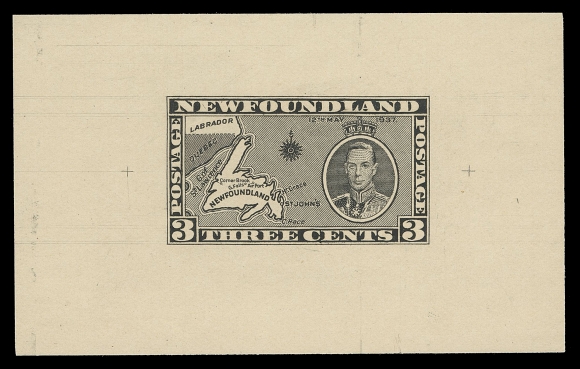THE AFAB COLLECTION - NEWFOUNDLAND 1897-1947 ISSUES 233-243,Trial Colour Die Proofs printed in black on yellowish wove unwatermarked paper - THE COMPLETE SET OF ELEVEN, each approx 80 x 50mm; the final die with small cross at one or both sides of the design. A fabulous set, very few exist, VF