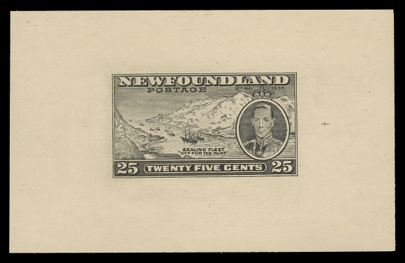 THE AFAB COLLECTION - NEWFOUNDLAND 1897-1947 ISSUES 233-243,Trial Colour Die Proofs printed in black on yellowish wove unwatermarked paper - THE COMPLETE SET OF ELEVEN, each approx 80 x 50mm; the final die with small cross at one or both sides of the design. A fabulous set, very few exist, VF