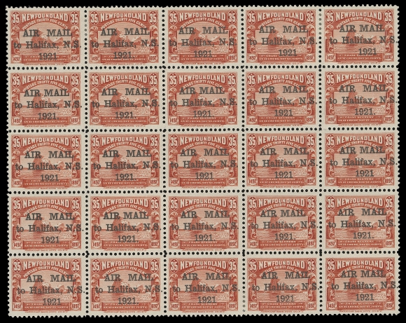 THE AFAB COLLECTION - NEWFOUNDLAND 1897-1947 ISSUES  C3/C3j,A brilliant, post office fresh mint sheet of twenty-five displaying all six overprint types, well centered with rich colour on fresh white paper, hinged on six stamps (Pos. 1-2, 4-5, 23-24), others NEVER HINGED. A desirable intact sheet, VF OG / NHOnly 560 sheets of 25 were printed (four were inverted). It has been documented that 5,000 letters were franked with this stamp from November 16 to 26, 1921. A very small percentage remain in intact sheets.
