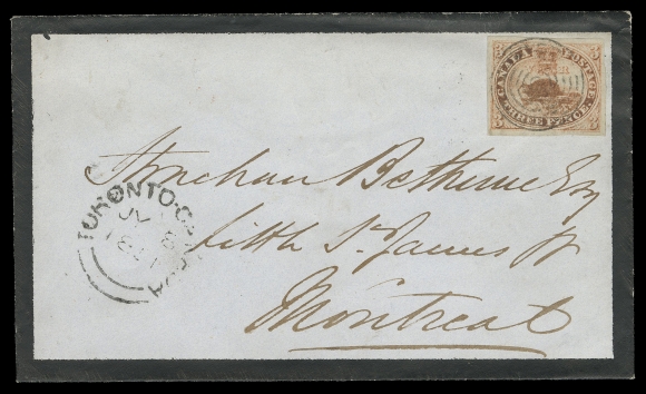 THE AFAB COLLECTION - CANADA  1851 (July 8) Mourning envelope bearing a choice 3p red on laid paper with large margins, ideal socked-on-nose concentric rings cancel, Toronto double arc dispatch at left, pays the domestic letter rate to Montreal with JY 11 receiver backstamp in red. Very attractive and an unusually choice single-franking on a pristine cover, XF (Unitrade 1)