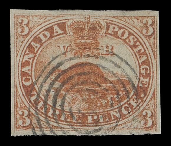 THE AFAB COLLECTION - CANADA  1iii,A marvelous used example with strong, well-defined laid lines, wonderful colour and freshness and an unusually sharp concentric rings cancel; displays the Major Re-entry (Plate A; Position 47) with prominent doubling in and around lettering and at  bottom of three "3s" are clearly visible. A remarkable stamp in all respects - certainly the finest used example of this important plate variety we recall offering on the first issue laid paper, VF GEM; 2021 Greene Foundation cert.
