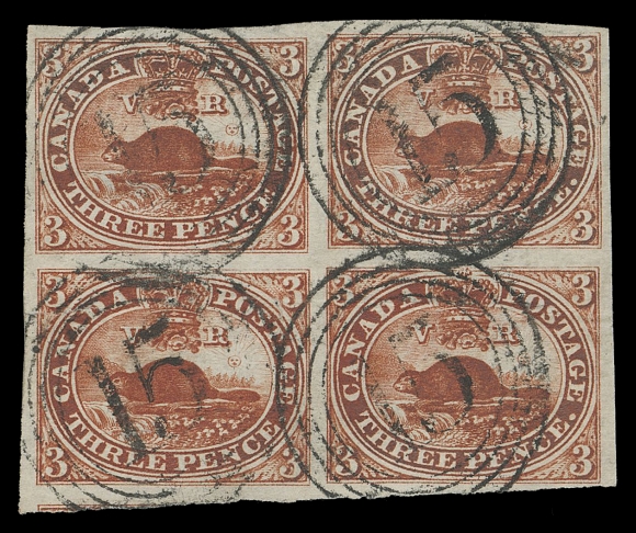 THE AFAB COLLECTION - CANADA  4iii,A visually stunning used block of four with amazing colour on fresh paper, surrounded by ample to mostly very large margins, each stamp ideally struck with four-ring 