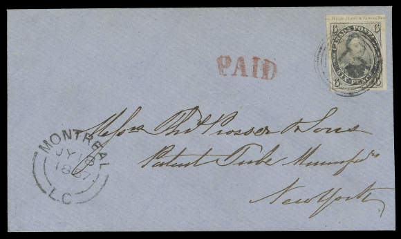 THE AFAB COLLECTION - CANADA  1857 (July 18) Superb blue envelope with albino Hardware Merchants embossing on reverse, franked with an extraordinary 6p slate grey on medium wove paper, large margins including large portion of (Raw)don, Wright, Hatch & Edson New (York) plate imprint in top margin, tiny surface scuff, tied by neat four-ring 