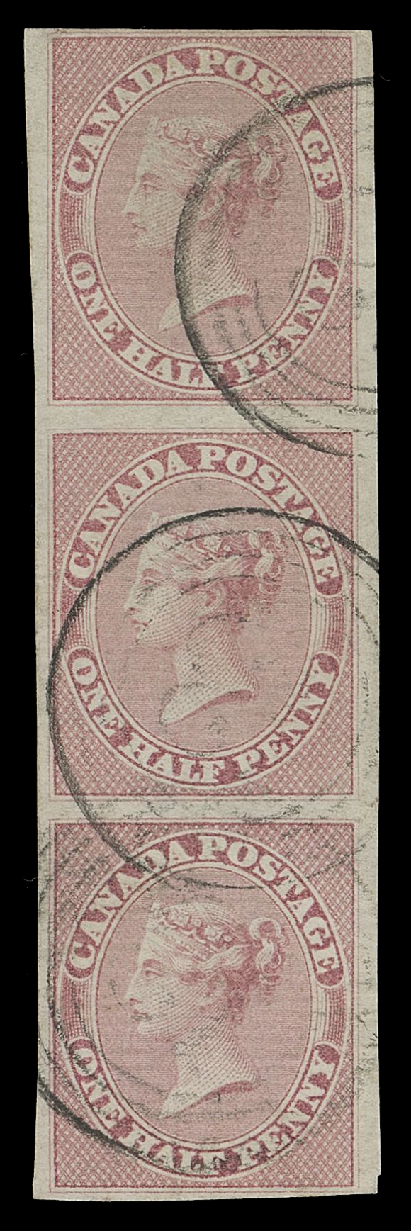 THE AFAB COLLECTION - CANADA  8,A gorgeous used vertical strip of three with bright colour on pristine fresh paper, completely devoid of the usual flaws one would expect to see on such a multiple,  light four-ring 