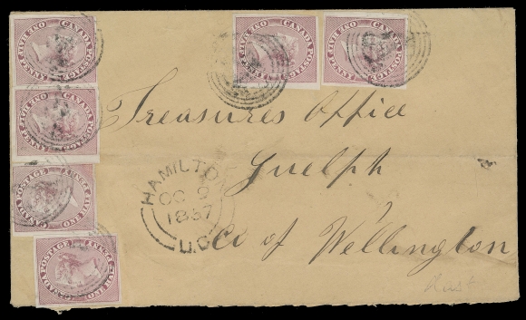 THE AFAB COLLECTION - CANADA  1857 (October 9) Buff cover from Hamilton to Guelph, remarkably franked with six ½p rose on medium wove paper, imperforate, one shows a Re-entry (Pos. 60), close to large margins, three with hardly discernible minor flaws, tied by somewhat blurry but rare four-ring 