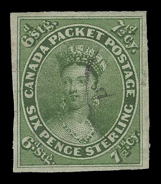 THE AFAB COLLECTION - CANADA 9,An attractive used single with lovely pastel colour and large margins, circular datestamp of US origin - letter "P" is quite clear and we can speculate it is Pembina, Minnesota, mailed from Red River Colony (now Manitoba), before being forwarded; couple tiny tears at left, VF appearance, an interesting stamp with a US postmark.