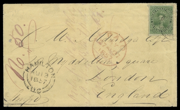 THE AFAB COLLECTION - CANADA  1857 (August 13) Yellow cover from the Aldridge correspondence mailed from Hamilton to London, England, bearing a 7½p green on medium wove paper with ample to large margins, tied by indistinct four-ring numeral cancel of Hamilton, neat double arc dispatch at left, Paid 27 AU 1857 receiver in red; light central fold, docketing on arrival. A visually appealing single-franking early usage of the 7½ pence (issued June 1857) for the Allan Packet Rate to England, F-VF; 1994 Brandon cert. (Unitrade 9)  ex. Guilford Collection of Canada Pence issues (September 1994; Lot 2143)