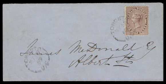 THE AFAB COLLECTION - CANADA  1859 (May 18) Blue circular datelined Toronto, May 16, 1859 bearing a ½p deep rose, perf 11¾, quite well centered for this notoriously difficult stamp, displaying the Major Re-entry (Pos. 50 in the reduced sheet of 100) with prominent doubling in and around "HALF", attractively tied by Toronto split ring dispatch, second strike at left. A very scarce usage of a Major Re-entry, XF (Unitrade 11 variety)