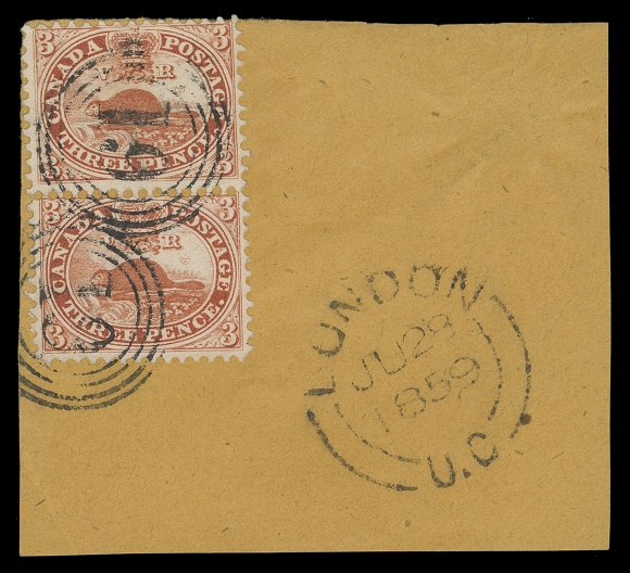 THE AFAB COLLECTION - CANADA  12,Fabulous vertical pair used on dated piece, intact perforations all around and exceptional deep colour, tied by neat four-ring 