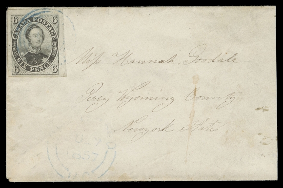 THE AFAB COLLECTION - CANADA  1857 (June 27) Small cover bearing a remarkably large margined 6p greenish grey in an amazing deep shade, tied by light four-ring numeral in bright blue, same-ink dispatch JU 27 1857 (a faint Brantford can be deciphered), addressed to Perry, Wyoming County, New York. On reverse partial Railway Post Office large circular B. & L. H. R.P.O. / JUN 27 1857 datestamp (Gray RY-1) struck in transit. A great Six-pence cover to the United States, VF; 1980 Greene Foundation cert. (Unitrade 5) ex. E. Carey Fox, First Portion, May 1968; Lot 290