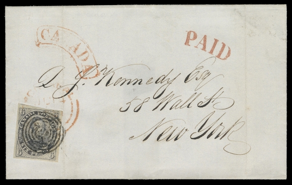 THE AFAB COLLECTION - CANADA  1851 (June 14) Folded cover from the Kennedy correspondence, in immaculate condition, franked at lower left with 6p slate violet on handmade laid paper, clear to large margins, great colour and prominent laid lines, tied by concentric rings and red Montreal JU 14 1851 dispatch datestamp, border exchange CANADA arc and PAID handstamps in red, light file folds clear of stamp. A beautiful and exceptionally fresh cover mailed during the first four weeks of Issue (issued May 17), VF+ (Unitrade 2)Provenance: Alfred Caspary, Sale 5 - British North America, H.R. Harmer Inc., October 1956; Lot 20