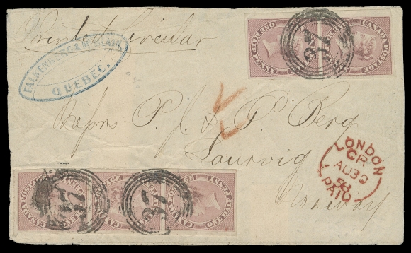 THE AFAB COLLECTION - CANADA  1858 (August) Circular front with printed text on reverse, datelined "Quebec 9th (August)", displaying an extremely rare 2½ pence rate franking to Norway with vertical pair and strip of three of the ½p rose, strip with portion of plate imprint at top, lower stamp with small tear. Both multiples cancelled by four-ring 