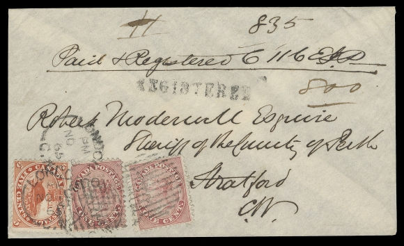 THE AFAB COLLECTION - CANADA  1865 (November 8) Flimsy cover in nice condition from London to Stratford, C.W. franked with a 5c vermilion and two 1c rose tied by London duplex, endorsed "Paid & Registered", straightline REGISTERED handstamp; on reverse neatly struck Stratford NO 9 65 split ring arrival. A wonderful, eye-appealing cover, prepaid 5c letter rate and 2c registration, VF+ (Unitrade 14, 15)