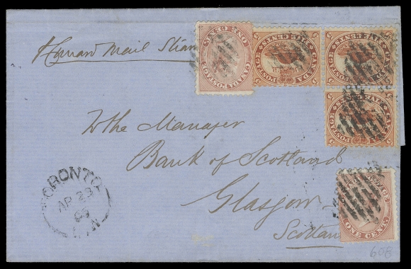 THE AFAB COLLECTION - CANADA  1866 (August 23) Blue folded cover endorsed "Cunard Mail Steamer" from Toronto to Scotland, bearing a remarkable franking of two 1c rose and block of three of 5c vermilion, all perf 12, one 5c shows the very elusive "Leaping Fish" variety (Pos. 54; State 8 - a very early usage) all cancelled by diamond grid cancels of Toronto with split ring dispatch at left, Glasgow MY 8 66 receiver backstamp. An extremely rare usage of this plate variety; a fabulous cover, F-VF (Unitrade 14, 15, 15ix)Census: Only two such frankings are reported in the Firby census, paying the correct 17 cent Cunard Packet to the United Kingdom.