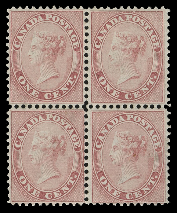THE AFAB COLLECTION - CANADA 14, 14iv,An outstanding mint block of four with superior centering, exceptionally fresh colour and clear impression, lower left stamp shows the late stage of the "Q" plate flaw variety (Whitworth Plate Flaw No. 1c, Position 38), possessing the nicest original gum that one can hope to find on these challenging issues, the lower pair being very lightly hinged. Rarely found with these desirable attributes, XF OG
Expertization: 2022 Greene Foundation certificate
Provenance: Dr. Arthur Groten, Maresch Sale 132, September 1981; Lot 37